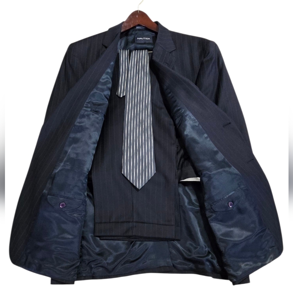 Nautica Black Business Suit with Pants and Stripe Neck Tie